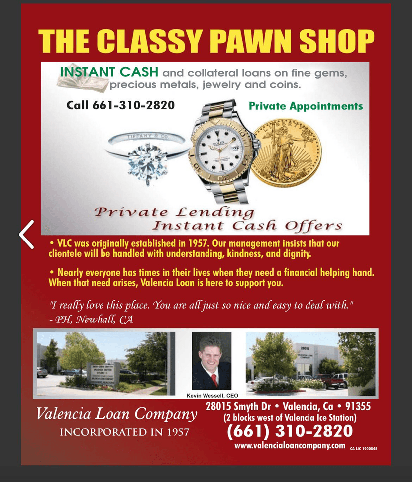 Valencia Loan Company 'Upscale Pawn Shop' advertisement in Santa Clarita Living magazine, featuring Kevin Wessell